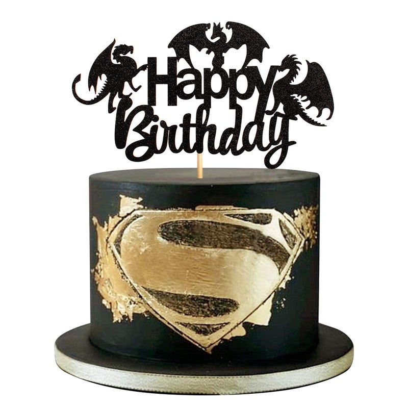 Ercadio 1 Pack Dragon Happy Birthday Cake Topper Black Glitter Dinosaur Cake Pick Decoration for Dragon Theme Birthday Party Supplies - Image 4